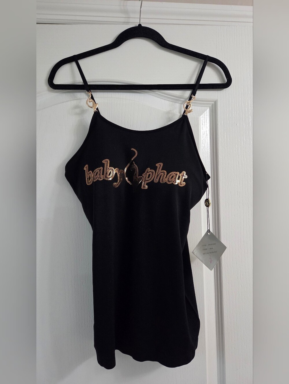 Y2K Baby Phat black with gold rhinestone cat logo stretchy top tank One Size